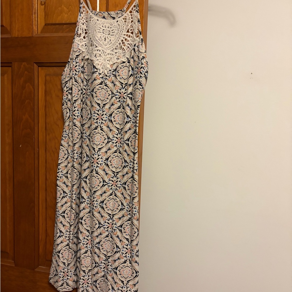 Crochet Yoke Geometric Print Dress - White/Blue